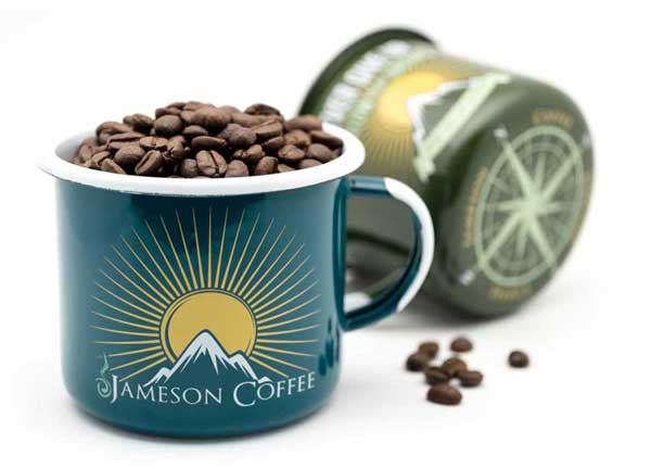 Jameson Coffee tin mug and roasted coffee